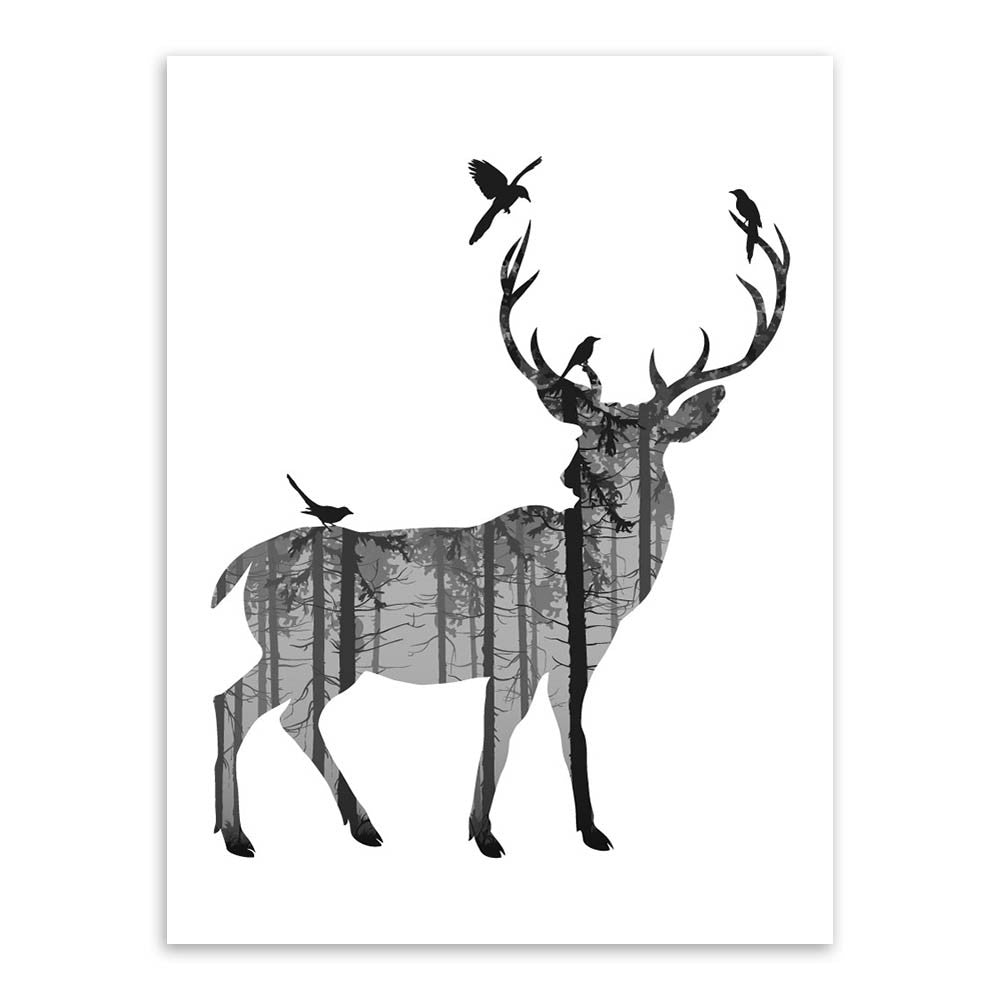 Nordic Vintage Black White Deer Head Animals Silhouette A4 Big Art Print Poster Wall Picture Canvas Painting No Framed Home Deco