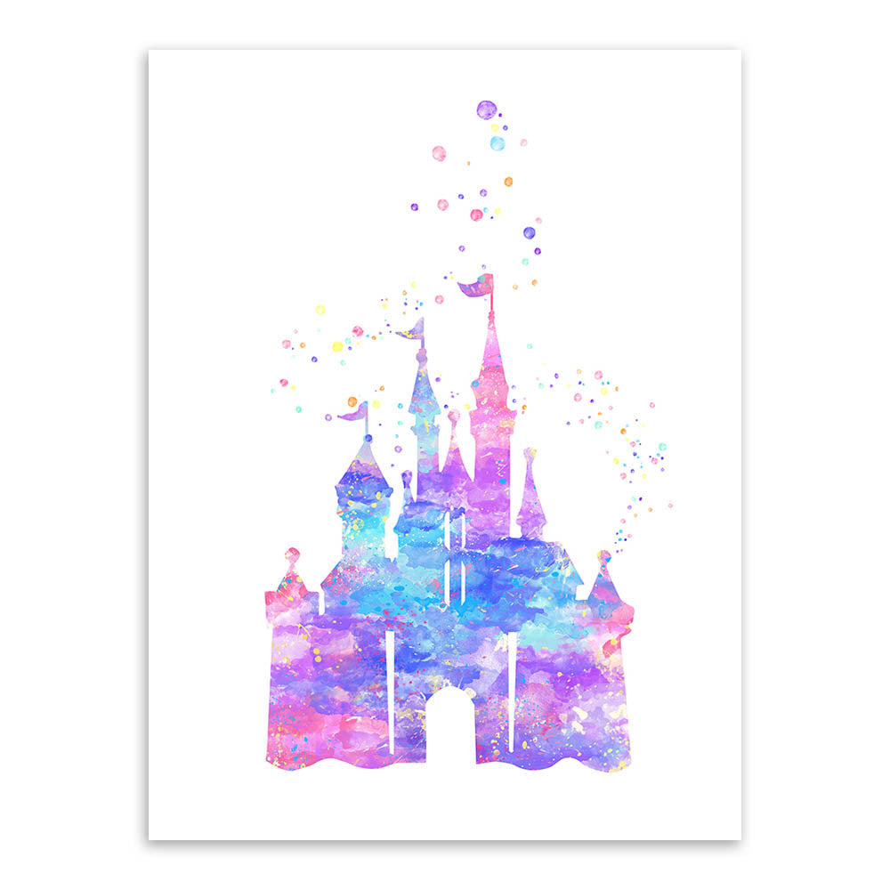 Original Watercolor Modern Romantic Fantasy Castle Cartoon Art Print Poster Abstract Wall Picture Canvas Painting Kids Room Deco