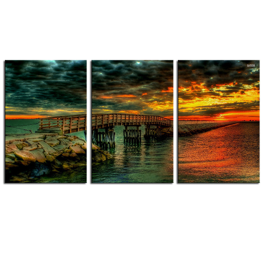 NO FRAME 3pcs glorious sunset over the pier Printed Oil Painting On Canvas wall Painting for Home Decor Wall picture