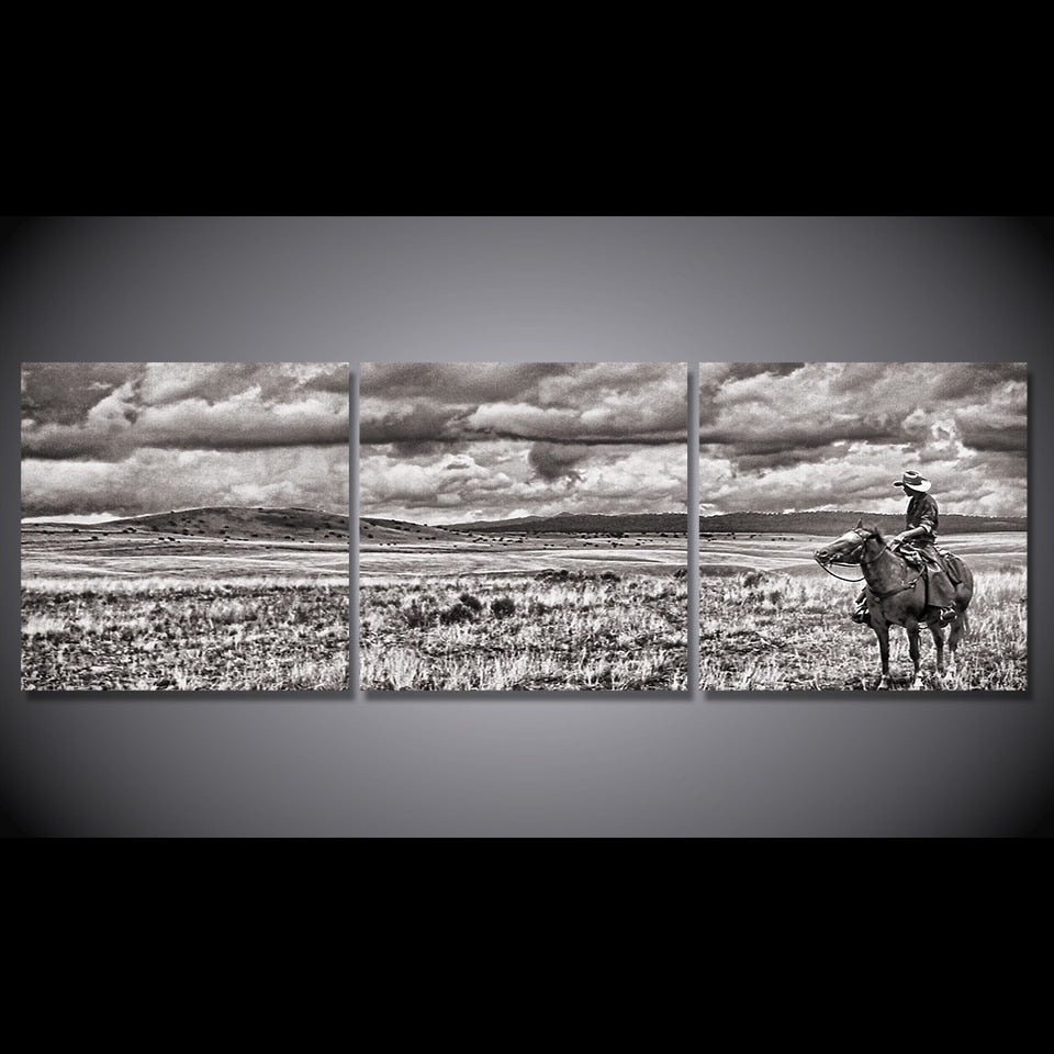 HD Printed 3 Piece Canvas Painting Black and White cowboy horse riding Wall Pictures for Living Room Free Shipping CU-1650B