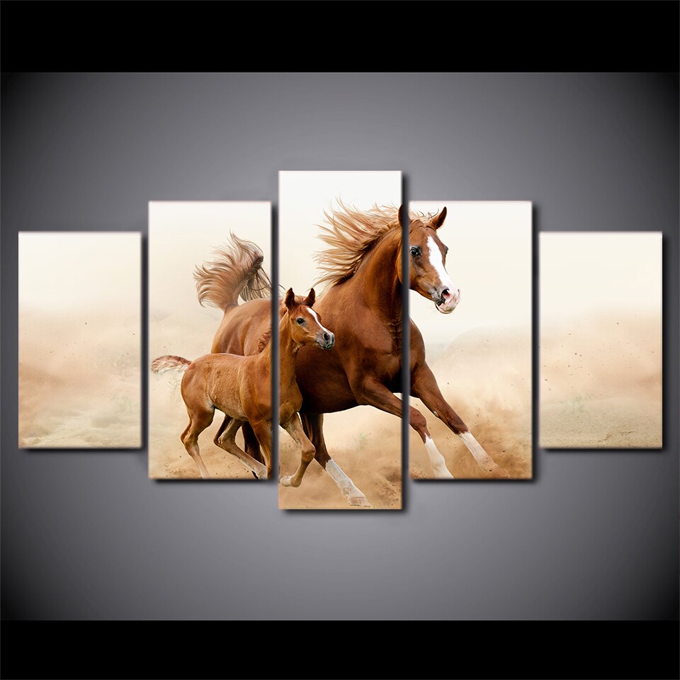 5 Piece Canvas Art Horse Cubs Run Carving Wall Pictures