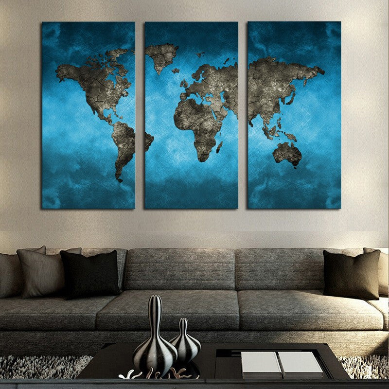 Unframed 3 Panels Abstract Blue Map Landscape HD Picture Canvas Print Painting Modern Canvas Wall Art Gift For Home Decoration
