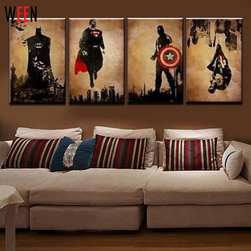 4 Pieces Superhero Hand Painted Canvas Oil Paintings Modern Abstract Wall Decor Art Cuadros Decorativos Canvas Pictures