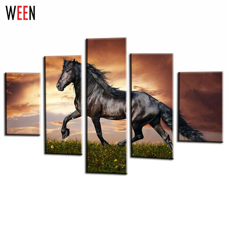 5 Panel Modular Horse Canvas Paintings On The Wall Printed Black Hores Painting Wall Pictures For Living Room Cuadros Decoracion