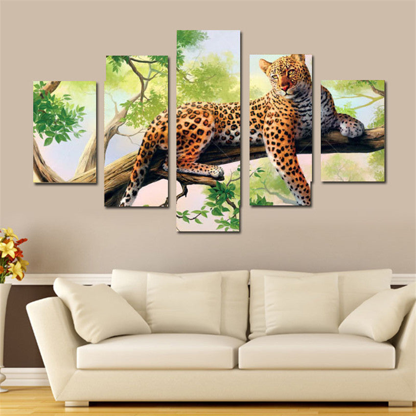 5 Panel Leopard Canvas Printings Wall Decor Pinturas Em Telas A Oleo Leopard Canvas Art Cuadros Wall Prints For Living Room