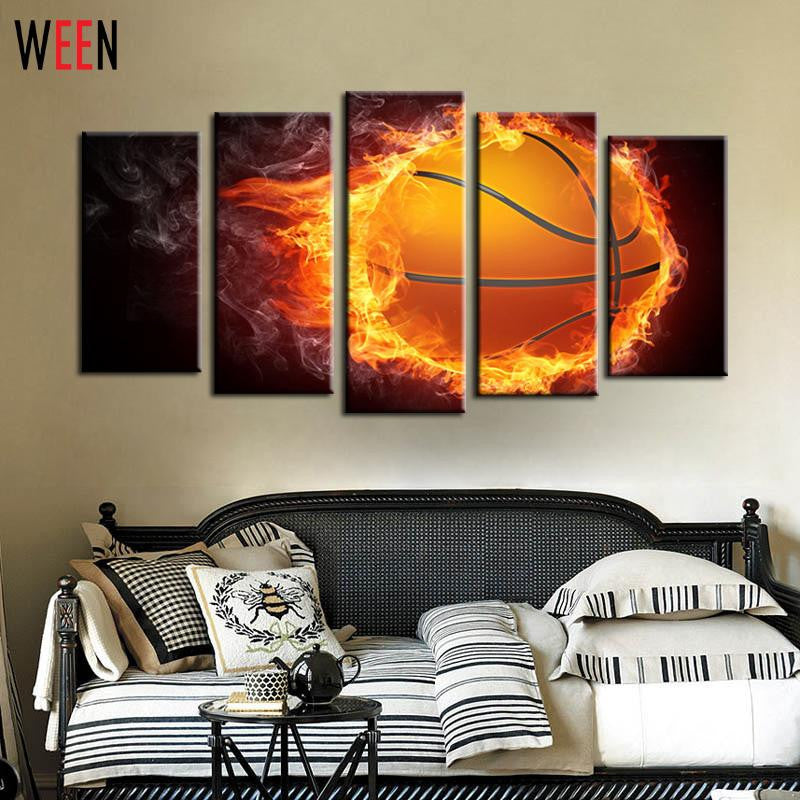 5 Piece Flame Basketball Modern Printed Picture Painting on Canvas Home Wall Art for Decoration DIY Frame or No Frame