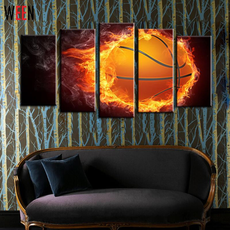 5 Piece Flame Basketball Modern Printed Picture Painting on Canvas Home Wall Art for Decoration DIY Frame or No Frame