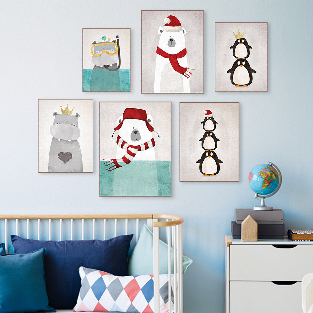 Modern Nordic Kawaii Animals Bear Hippo Penguins Poster Print Nursery Wall Art Picture Canvas Painting No Frame Kids Room Decor