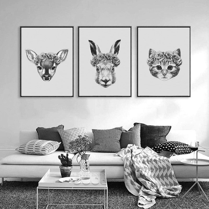 Hand Draw Animals Art Print Painting Poster, Wall Pictures for Home Decoration, Rabbit and Deer and Cat Wall Decor FA403