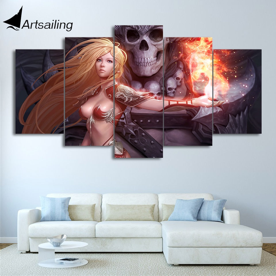 HD Printed 5 Piece Canvas Art game mage sexy girl skull fire anime Painting