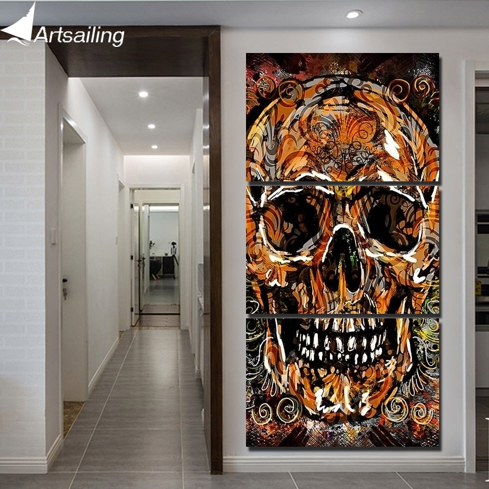 ArtSailing HD Printed 3 Piece Canvas Painting Abstract Colorful Skull Picture Modular Canvas Prints For For Living Room Decor