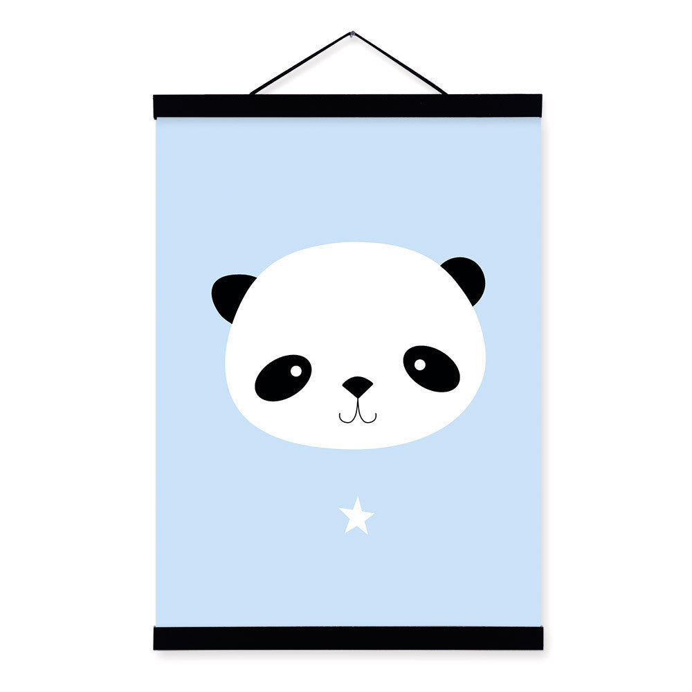 Kawaii Animal Small Panda Star Wooden Framed Canvas Painting Baby Kids Room Decor Nuresery Wall Art Print Pictures Poster Scroll