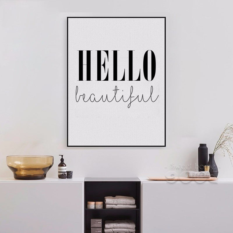 Hello Beautiful Quote Canvas Art Print Poster, Simple Style Wall Pictures for Home Decoration, Wall Decor YE134
