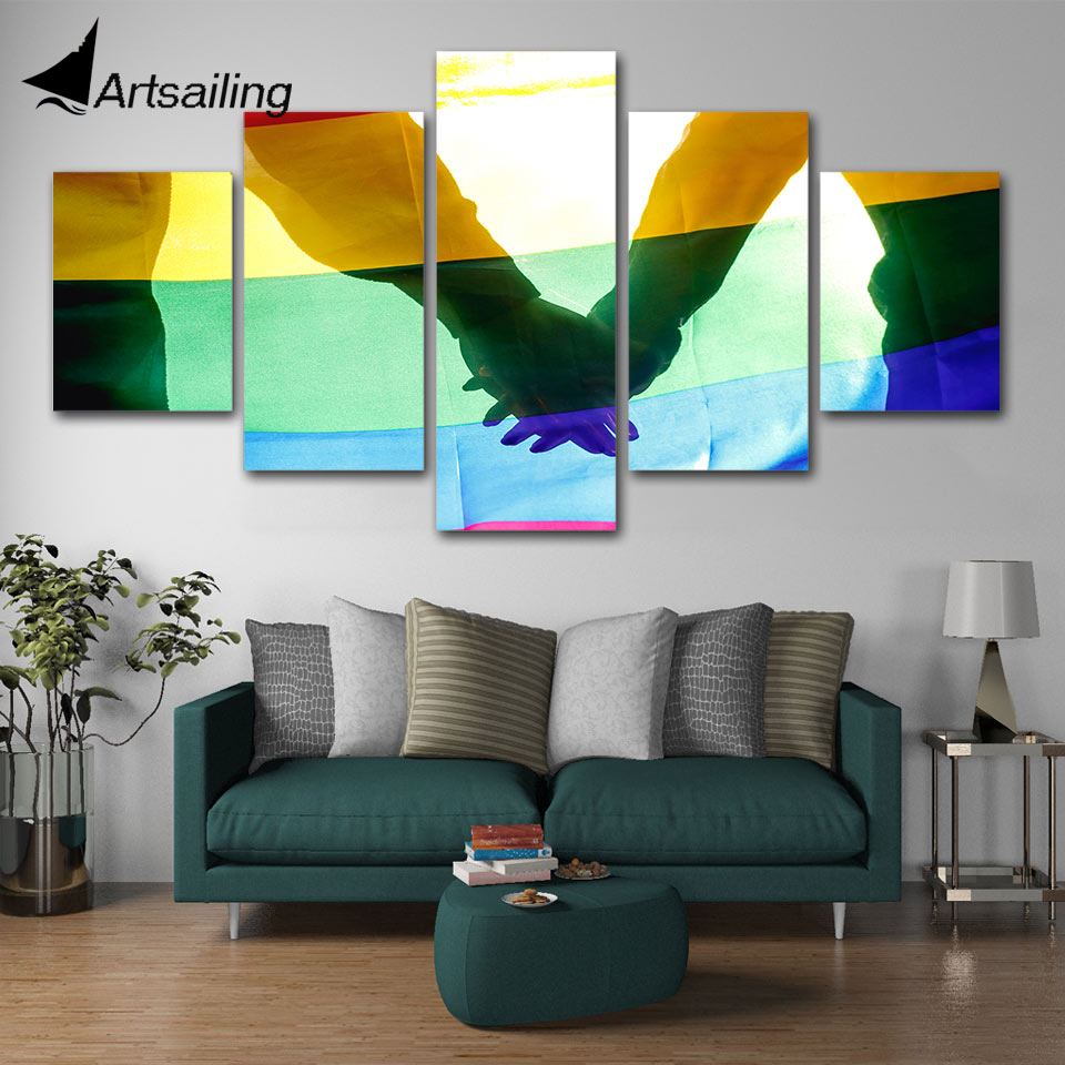 ArtSailing 5 Piece painting LGBT Gay Love Wall Art Print Gays Hand in Hand Pictures Room Decoration For Living Room HD Prints