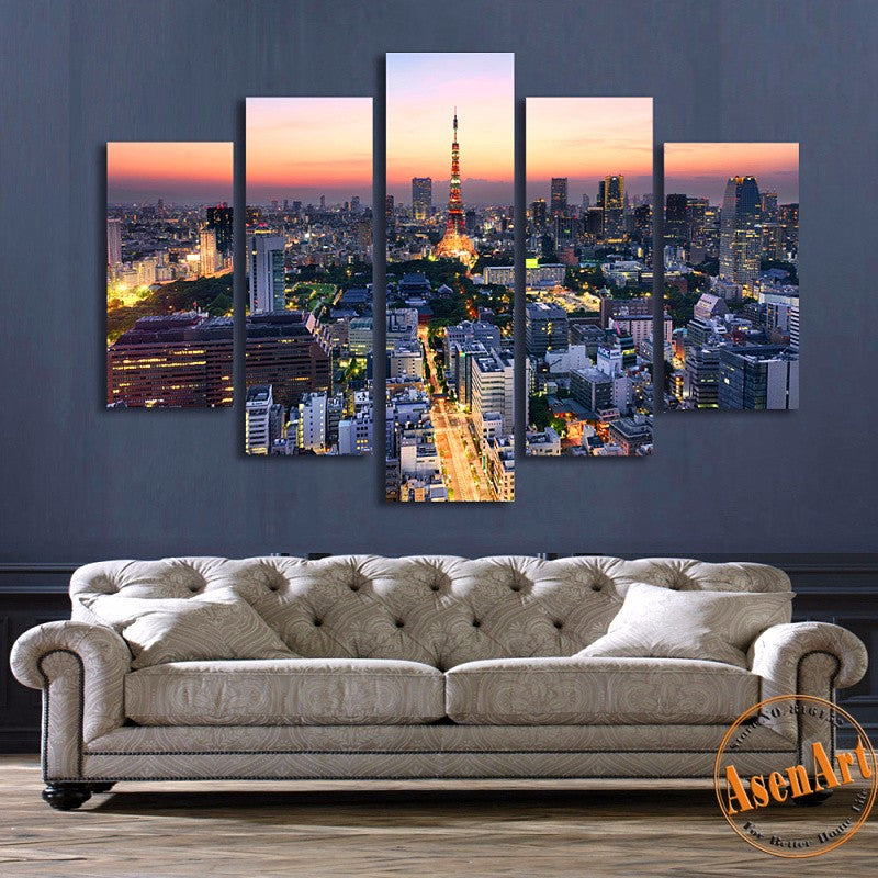 5 Panel Wall Art Japan Tokyo Tower City Landscape Painting Canvas Prints Artwork Picture for Living Room Unframed