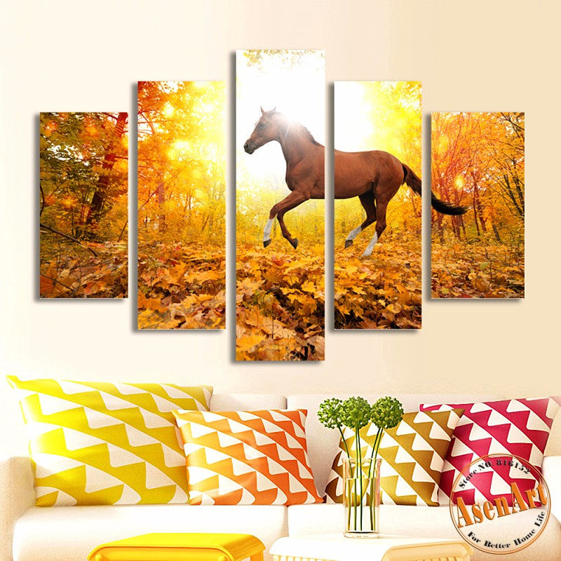 5 Piece Wall Art Sunset Landscape Forest Horse Paintings Pictures for Living Room Modern Home Decor Canvas Prints Unframed