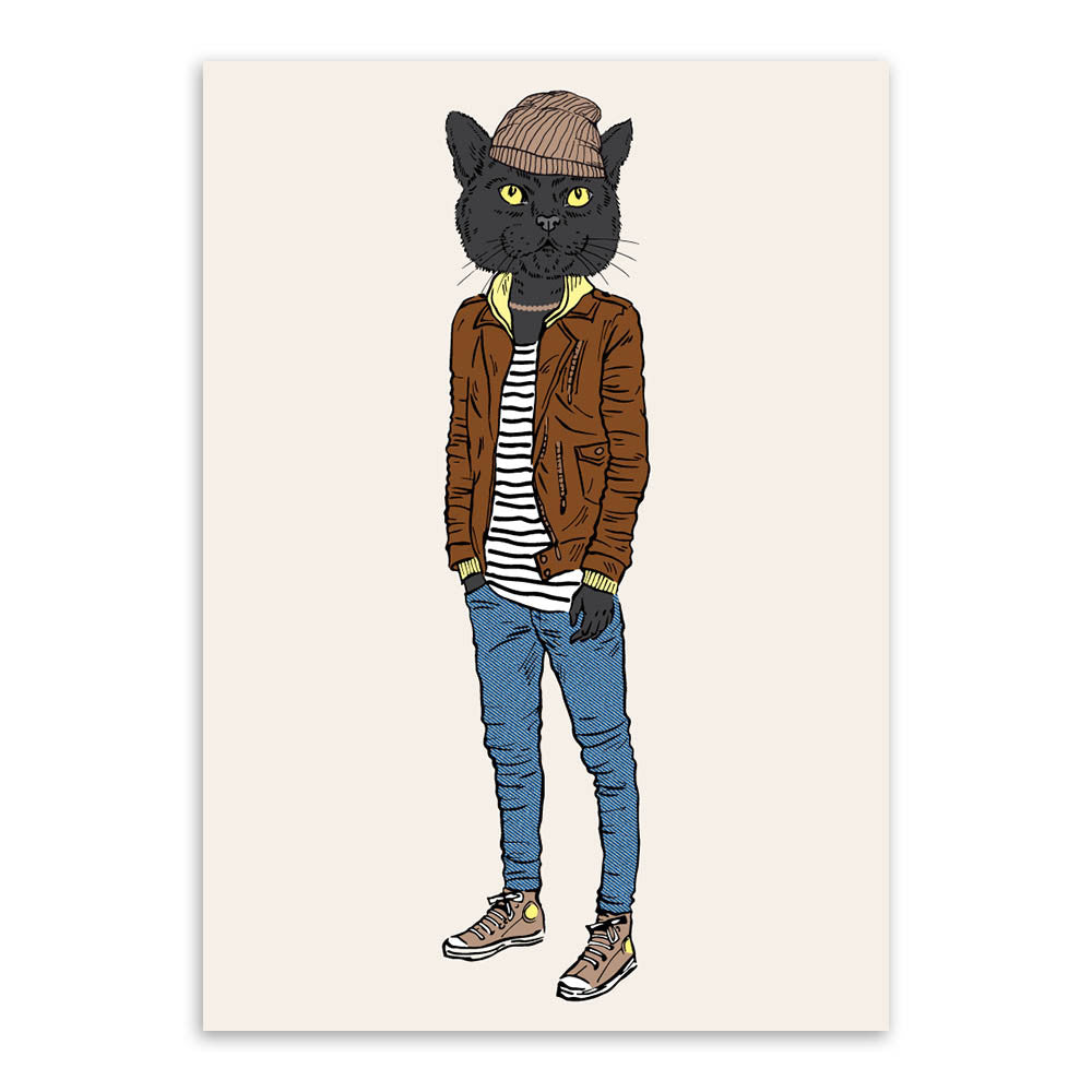 Modern Fashion Animals Cartoon Hippie Cat  Art Print Poster Home Wall Picture Canvas Painting Kids Room Home Decoration No Frame