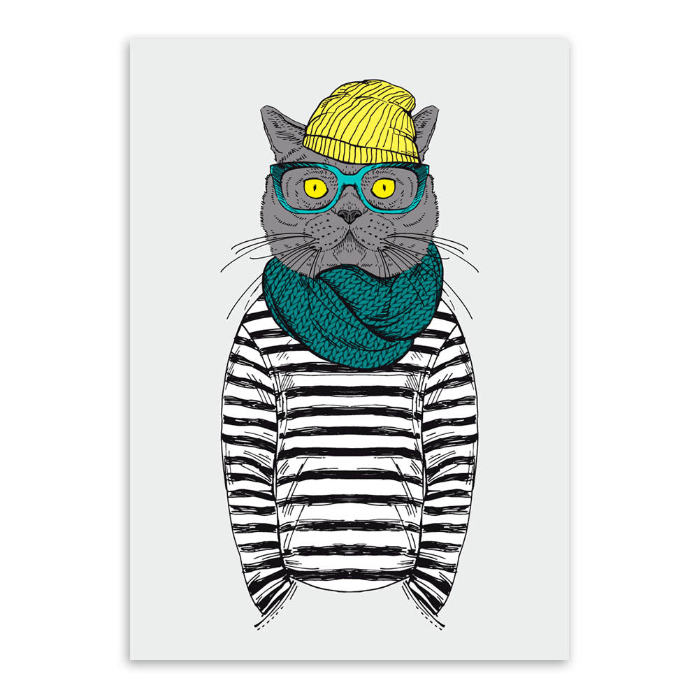 Modern Fashion Animals Cartoon Hippie Cat  Art Print Poster Home Wall Picture Canvas Painting Kids Room Home Decoration No Frame