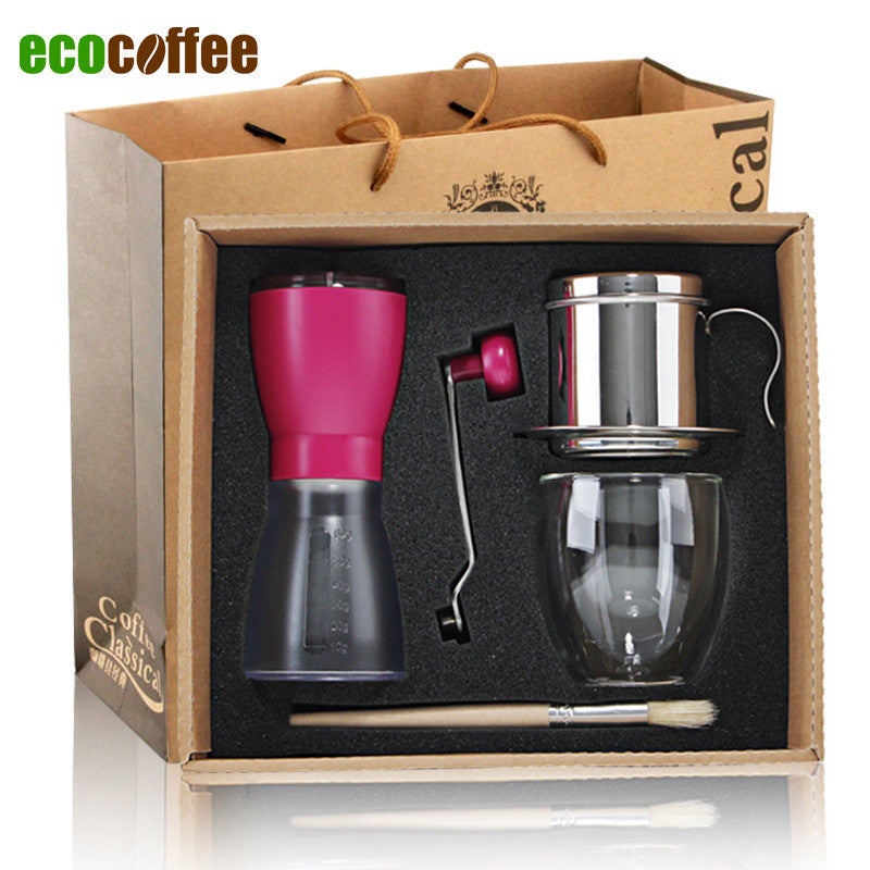 1Set Free Shipping Espresso Latte Cappuccino Coffee  Accessories Gift Box  coffee grinder+ Vietnamese pot + coffee travel mug