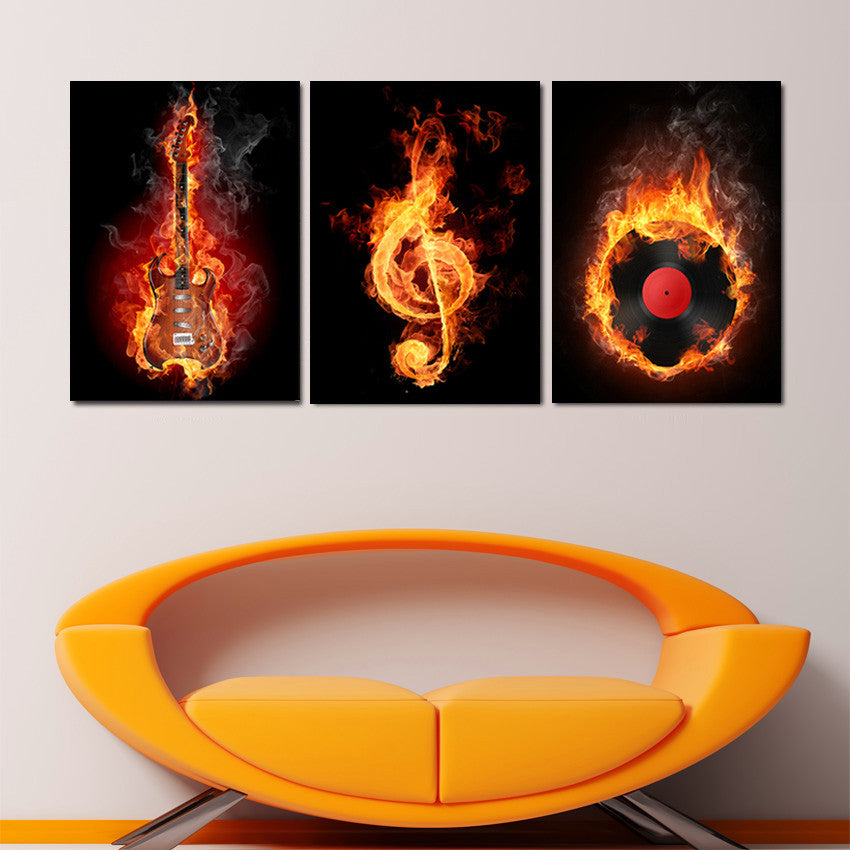 3 Panels Wall Art Decorative Painting Paint on Canvas Prints Black And Yellow Burning Guitar Musical Note Pictures Home Decors