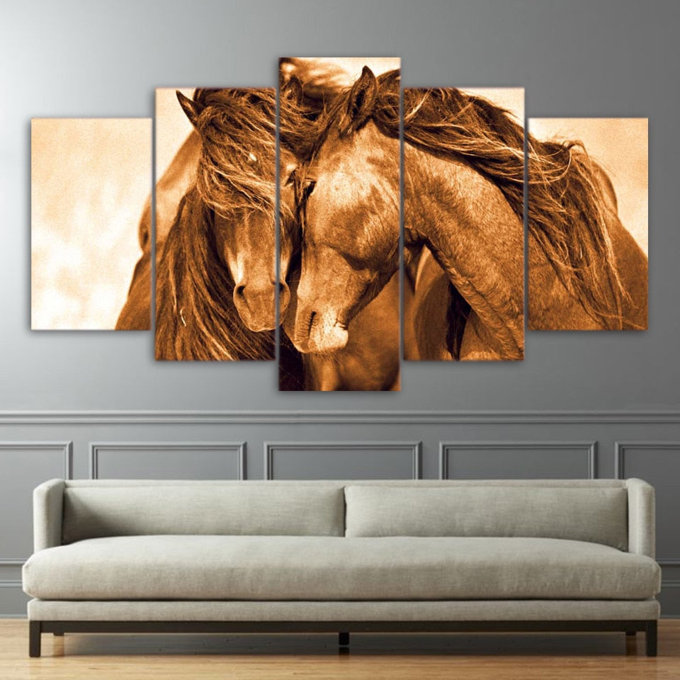 5 Panel two horses couple animal farm Painting Wall Art Pictures