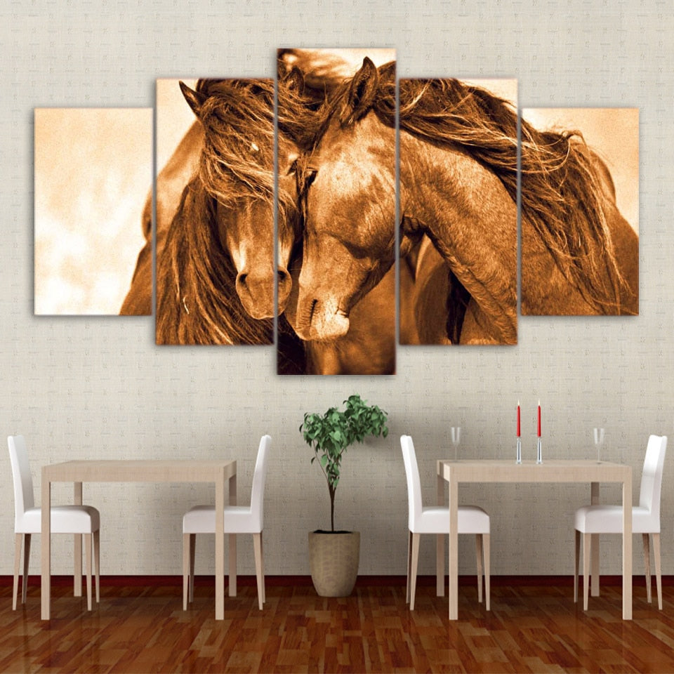 5 Panel two horses couple animal farm Painting Wall Art Pictures