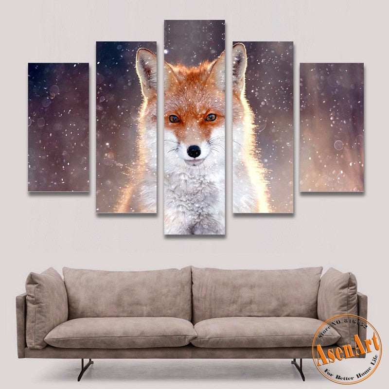 5 Panel Wall Art Fox Painting Picture Print on Canvas Painting Animal Wall Pictures for Living Room Modern Home Decor No Frame