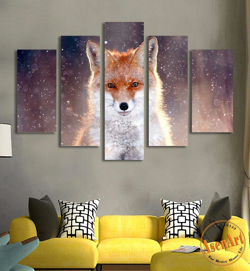5 Panel Wall Art Fox Painting Picture Print on Canvas Painting Animal Wall Pictures for Living Room Modern Home Decor No Frame