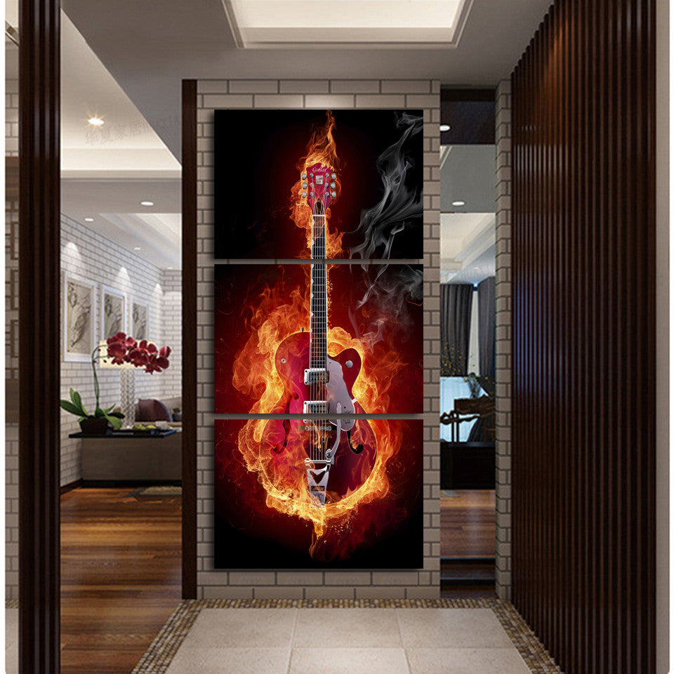 Music Art 3 Panel Wall Painting Modern Home Decors Black Burning Guitar Pop Art Pictures Decorn On Canvas Painting Printed A052