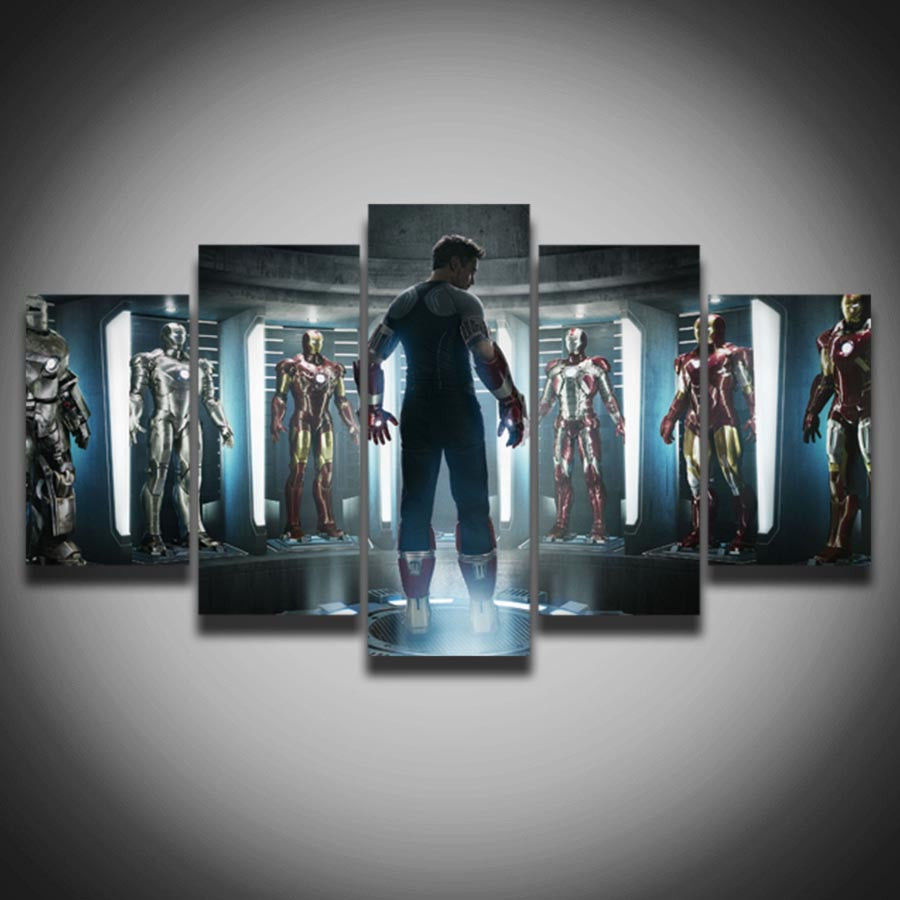 Printed movie posters Marvel Iron Man picture painting on canvas 5 panels for children baby room wall home decoration Canvas art