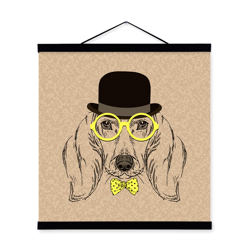 Vintage Retro Dog Head Gentleman Animal Portrait Wooden Framed Canvas Painting Wall Art Prints Picture Poster bedroom Home Decor