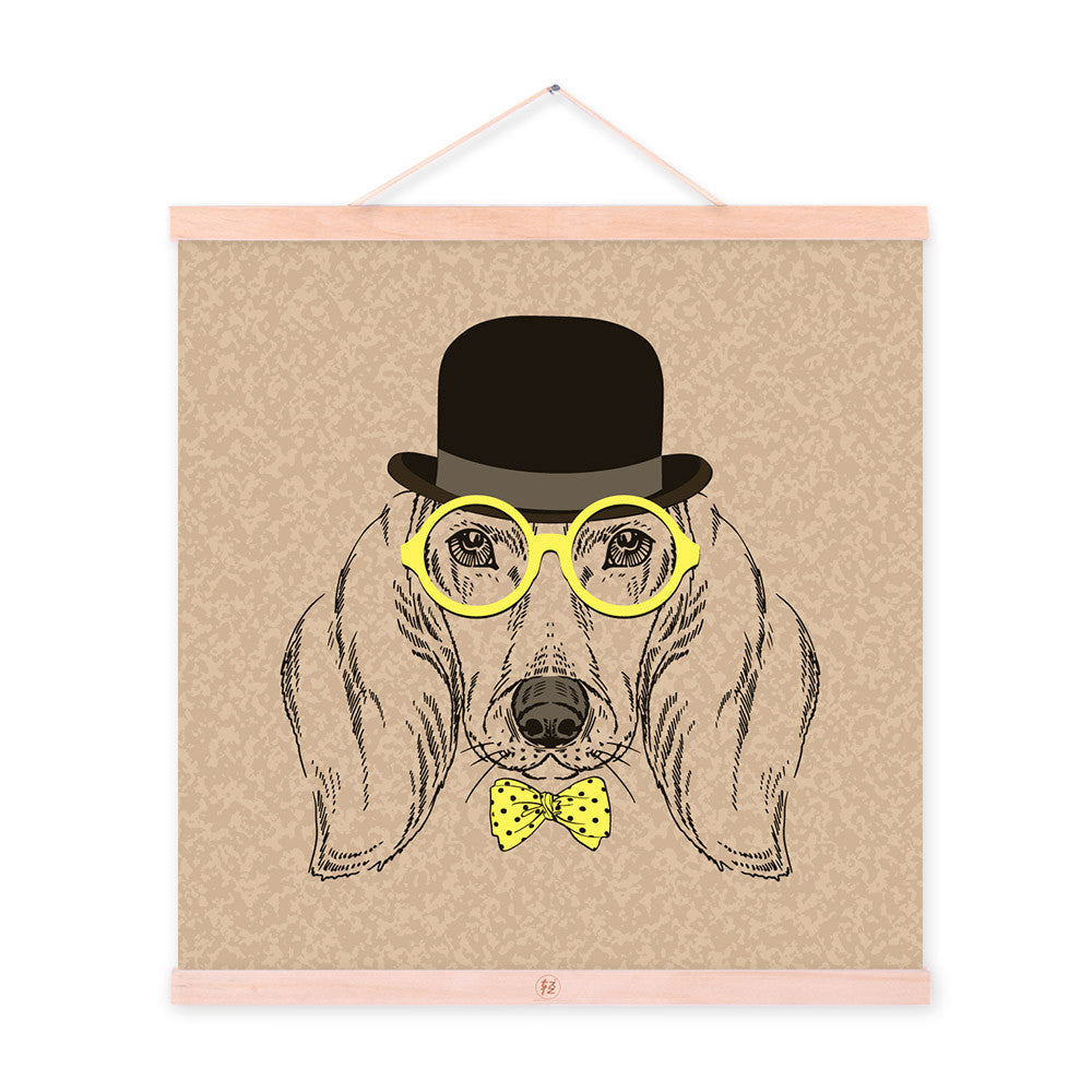 Vintage Retro Dog Head Gentleman Animal Portrait Wooden Framed Canvas Painting Wall Art Prints Picture Poster bedroom Home Decor