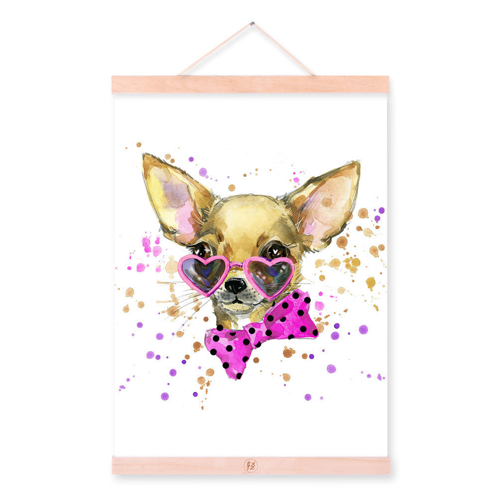 Dog Watercolor Fashion Animal Portrait Pink Wooden Framed Canvas Painting Wall Art Print Picture Poster Children Room Home Decor