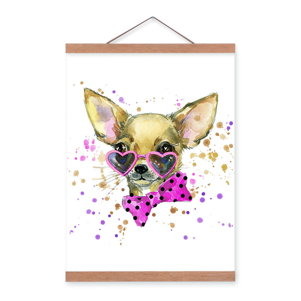 Dog Watercolor Fashion Animal Portrait Pink Wooden Framed Canvas Painting Wall Art Print Picture Poster Children Room Home Decor