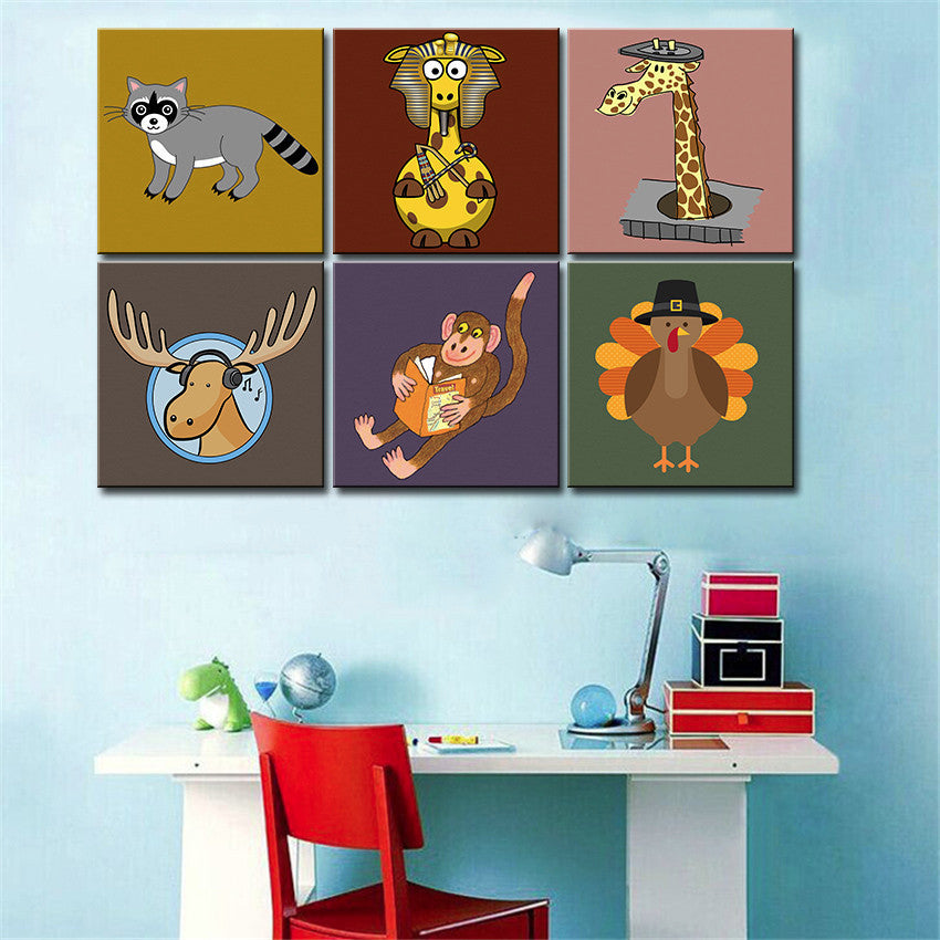 Fashion wall art Canvas painting Oil Painting 6 pieces/set Modern cartoon animals wall pictures kids room wall decor No Frame