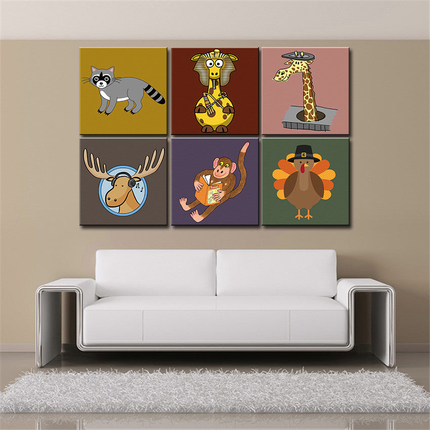 Fashion wall art Canvas painting Oil Painting 6 pieces/set Modern cartoon animals wall pictures kids room wall decor No Frame