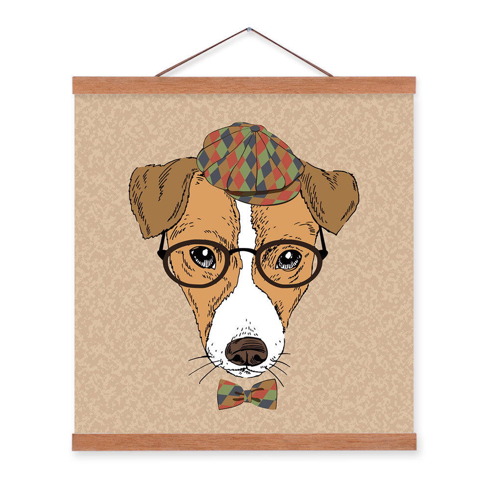 Dog Head Gentleman Animal Portrait Hipster A4 Wooden Framed Canvas Painting Wall Art Print Picture Poster Scroll Room Home Decor