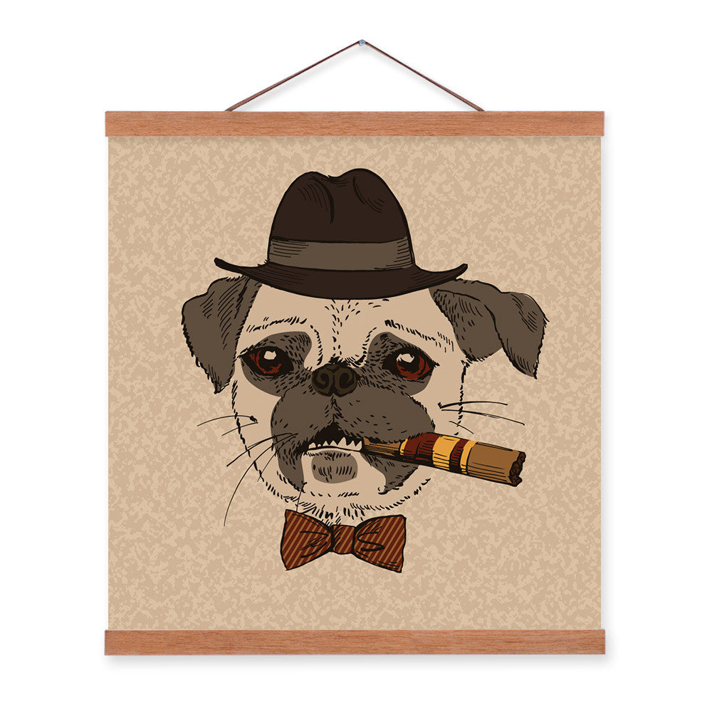 Pug Dog Face Vintage Gentleman Animal Portrait Hipster A4 Wooden Framed Canvas Painting Wall Art Print Picture Poster Home Decor