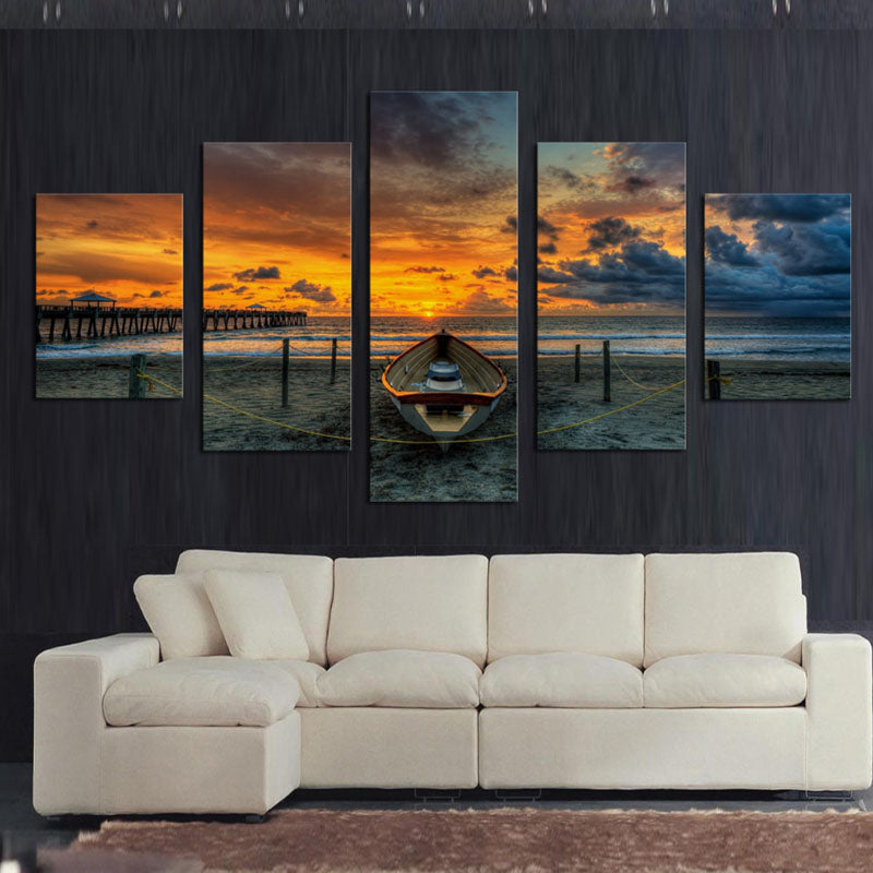 No Frame 5 Panel Seascape And Boat With HD Large Print Canvas Painting For Living Room Home Decoration Unique Gift Wall Picture