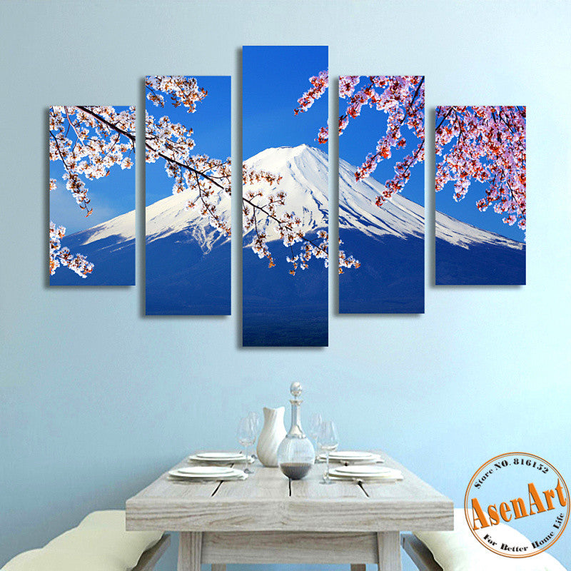 5 Panel Fujiyama Snow Mountain Sakura Japan Landscape Picture Painting Canvas Print Home Decoration Picture for Living Room