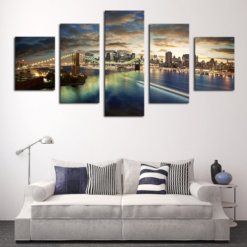 The Beauty Of The City Night Scene, 5 Panels Large HD Top-rated Canvas Print Painting for Living Room, Wall Art Picture Gift