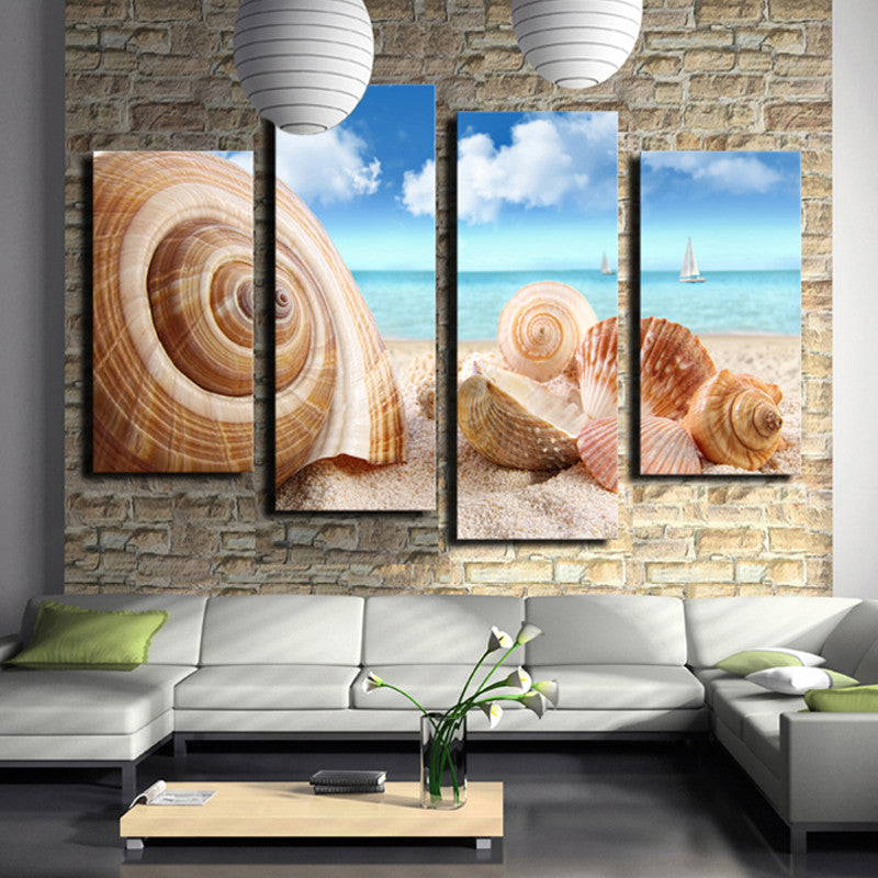 4 Pcs (No Frame) Of Wall Art  Seaview Sea Shells Modern Fashion Picture Print On Canvas Painting, Oil Paintings ,Home Decoration
