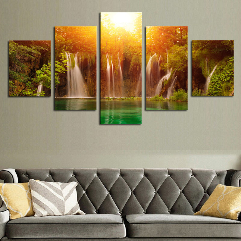S426 Waterfall among Yellow Sun and Green Lake, Large HD Top-rated Canvas Print Painting for Living Room, Wall Art Picture Gift