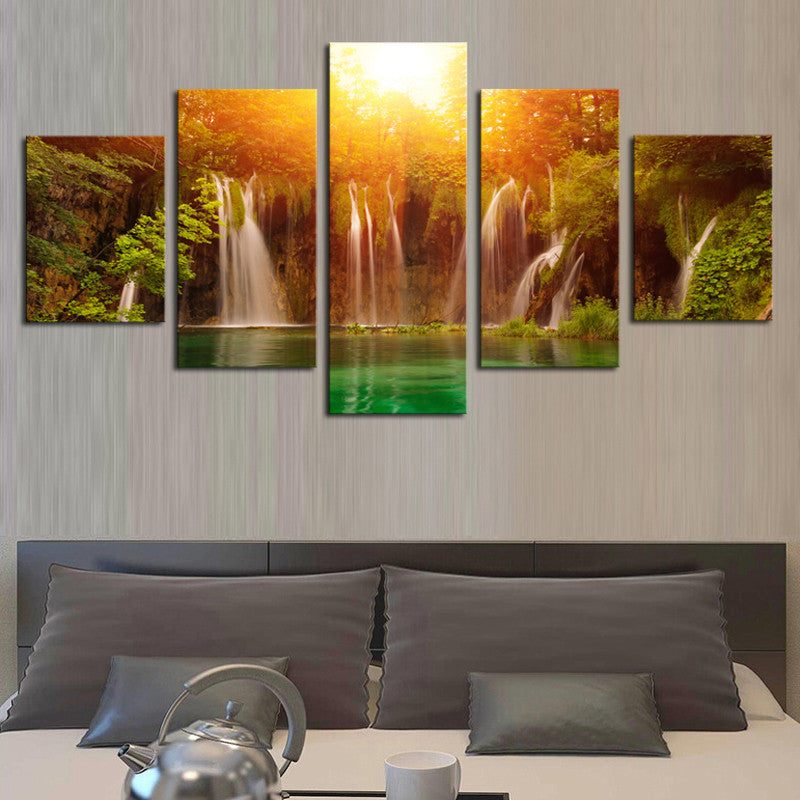 S426 Waterfall among Yellow Sun and Green Lake, Large HD Top-rated Canvas Print Painting for Living Room, Wall Art Picture Gift