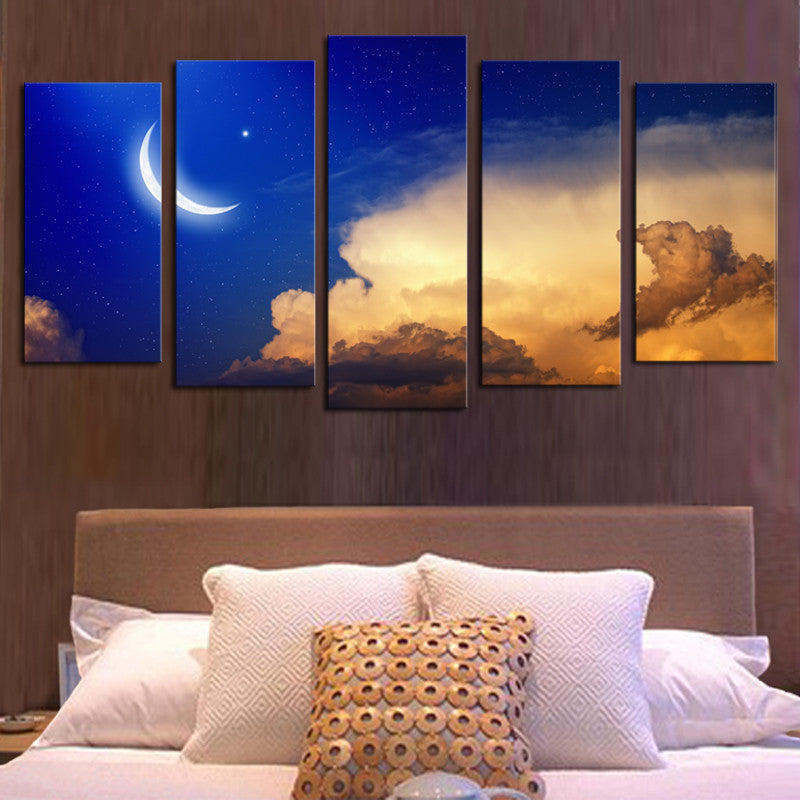 Unframed 5 panels Abstract Blue Sky Moon Cloud landscape Art HD Picture Print On Canvas Painting  Wall Picture For Home Decor