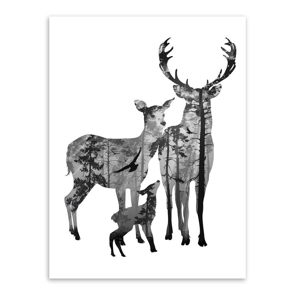 Modern Nordic Black White Animal Silhouette Deer  Art Print Poster Wall Picture Canvas Painting Living Room Home Decor No Frame