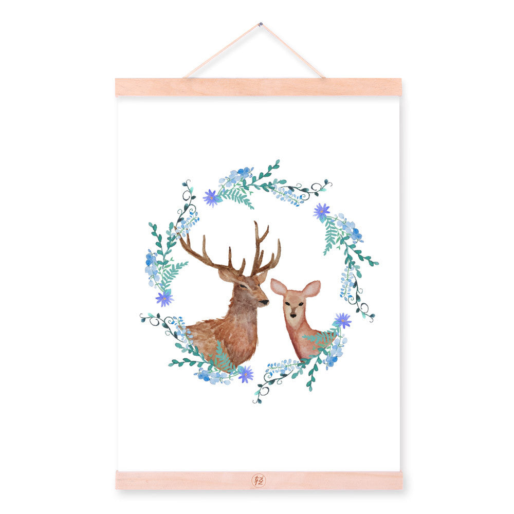 Vintage Nordic Deer Family Animal Flower Wreath A4 Poster Print Living Room Wall Art Picture Home Decor Canvas Painting No Frame