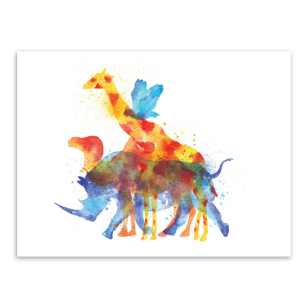 Triptych Watercolor Animals Silhouette Deer Giraffe Elephant Art Print Poster Home Wall Picture Decor Canvas Painting No Frame