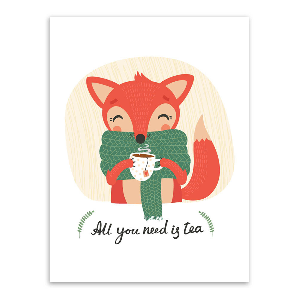Kawaii Animals Cat Fox A4 Art Print Posters Coffee Tea Living Room Wall Pictures Canvas Painting No Framed Kids Room Decoration