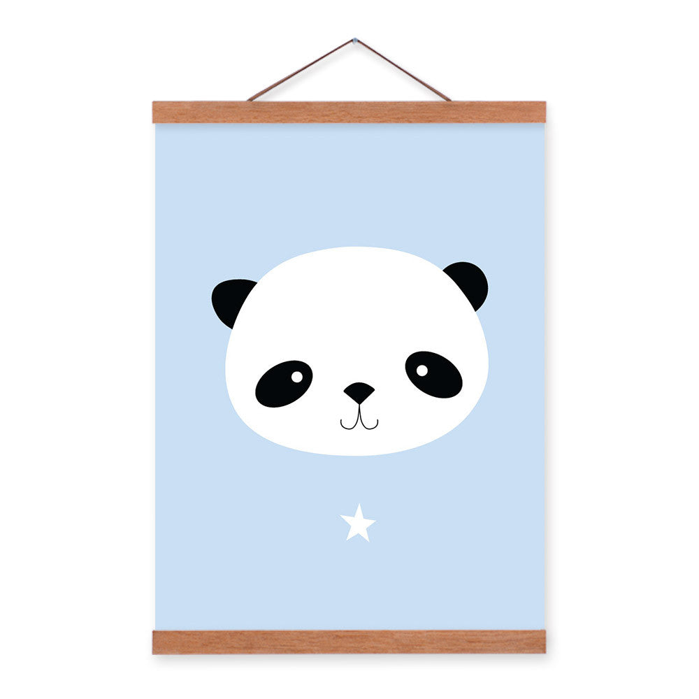 Kawaii Animal Small Panda Star Wooden Framed Canvas Painting Baby Kids Room Decor Nuresery Wall Art Print Pictures Poster Scroll